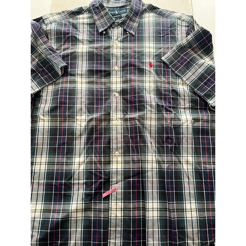 Ralph Lauren Mens XL Classic Fit Short Sleeve Plaid Button Down Shirt Green Navy
